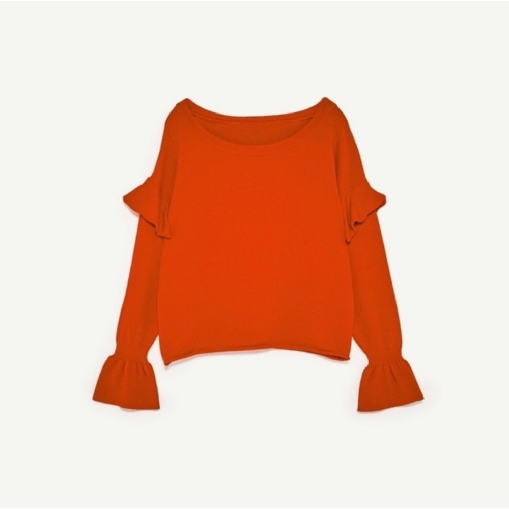 Zara Women’s Red Orange Bell Sleeves Ruffle Knit Long Sleeve Flounce Sweater - Picture 4 of 15